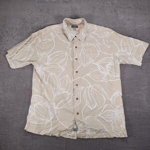 Quiksilver Y2K Floral Button Up Shirt Short Sleeve Casual Tan‎ Size L